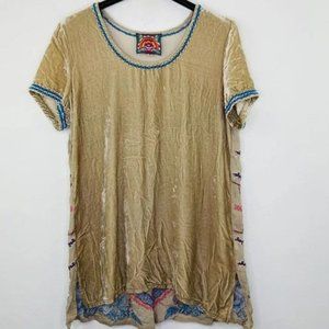 Johnny Was Dexter Womens Medium Khaki Beige Embroidered Velvet Tee